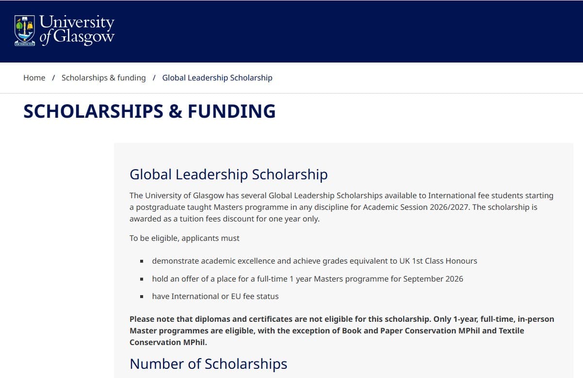 University of Glasgow Global Leadership Scholarship 2026/2027 in the UK | £10,000 Scholarship Opportunity