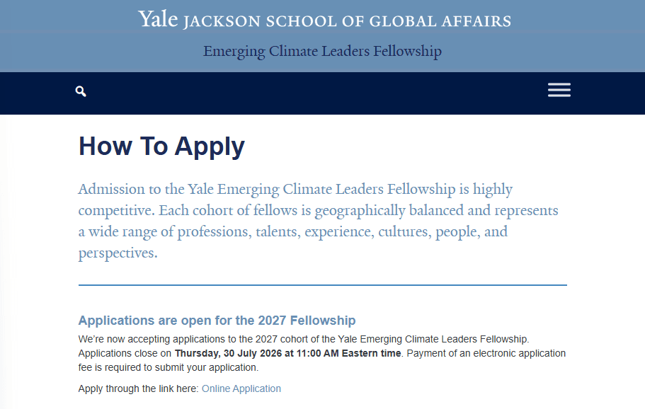 Yale Emerging Climate Leaders Fellowship 2027 for Global South Climate Professionals
