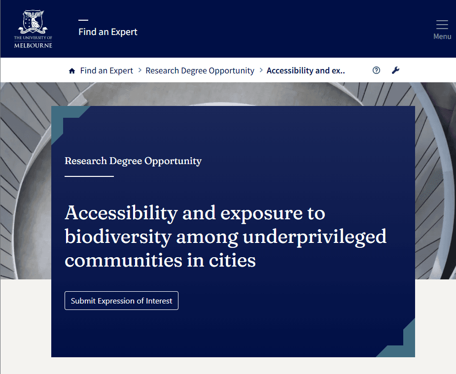University of Melbourne Urban Biodiversity PhD Opportunity 2027